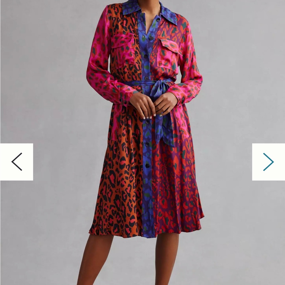 FARM Rio Midi Long Sleeve Leopard print  Shirtdress Size M